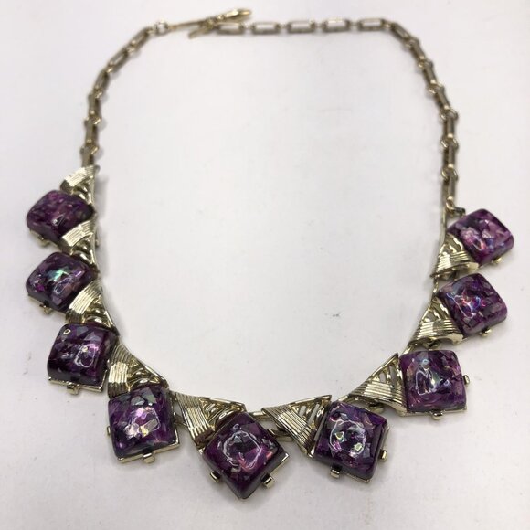 VTG 80s CORO Purple Glitter Stone Silver Necklace 17" Chain Art Deco Luxury Gift - Picture 4 of 8